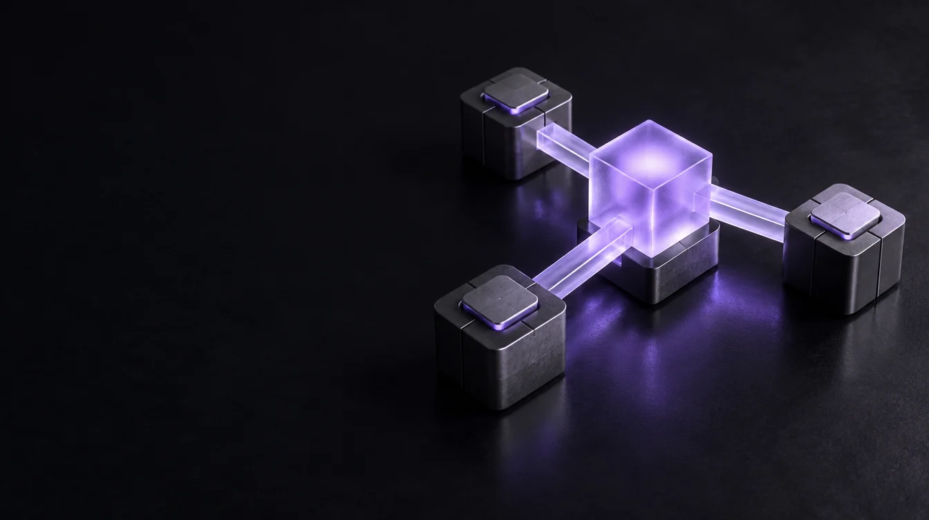 Concept image of connected graphite modules and a glowing lavender cube