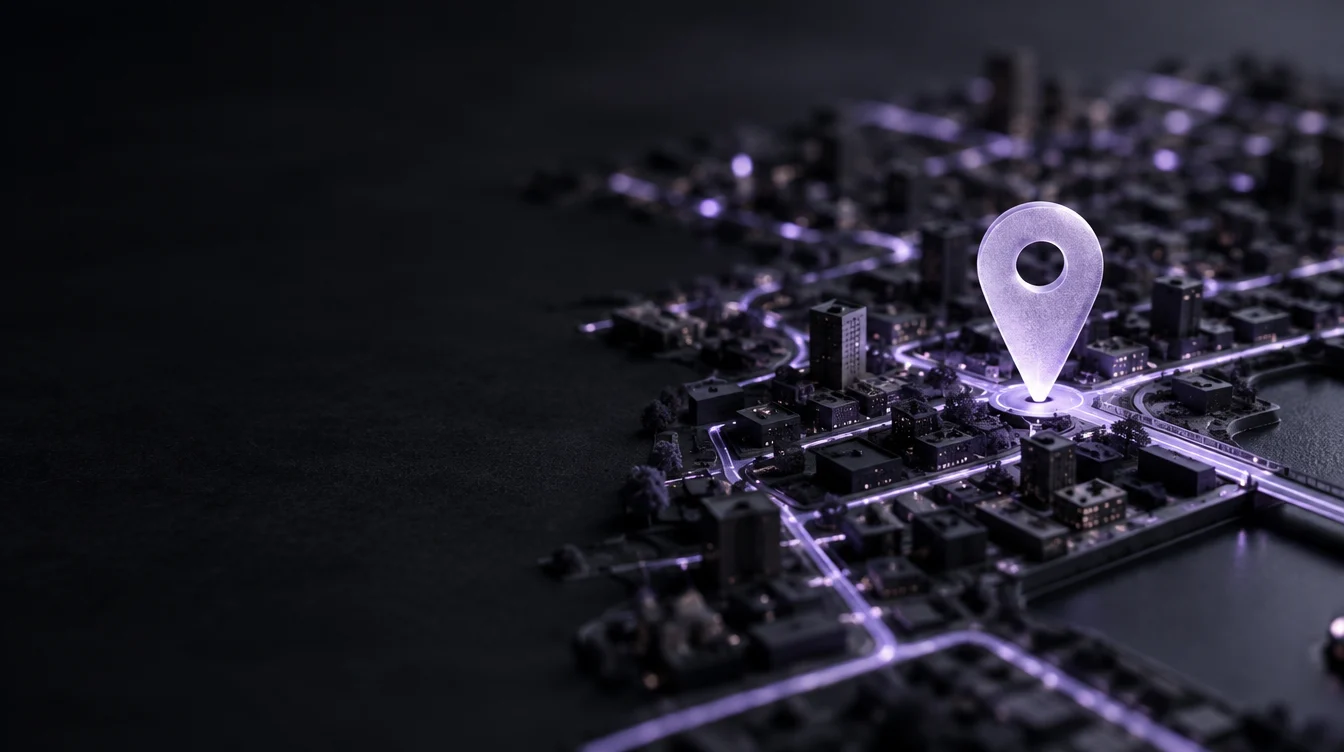Concept image of a lavender map pin illuminating a miniature city
