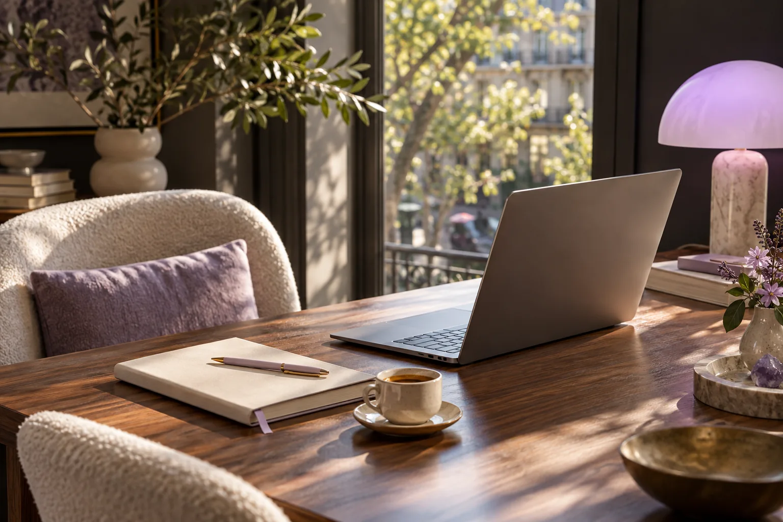 Sunlit walnut desk with a laptop, notebook, coffee and lavender lamp
